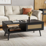 Garvee Wood Coffee Table with Storage Sliding Door Boho Center Sofa Table Living Room Bedroom Natural Rattan 3 Compartments - Black