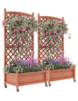 Garvee 2-Pack Tall Wood Planter Box with Trellis, 61.5" H Raised Garden Bed on Wheels, Vertical Stand Planter for Patio Balcony Outdoor Garden, Natural Fir Wood, Brown
