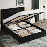 Garvee Full Size Lift Up Storage Bed Frame With Gold Wingback Headboard, Velvet Upholstered, Diamond Tufted Design, Hydraulic Support, Black - Black