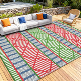 Garvee 9x12 Reversible Outdoor Rug Waterproof Camping Mat for Patio Deck Backyard Balcony Porch Lightweight Plastic UV Resistant - Green/Blue/Rose Red/Beige