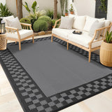 Garvee Waterproof Plastic Straw Outdoor Rug 9x12 Grey, Checkered Reversible UV Resistant Foldable Mat for Patio, Deck, Picnic, Beach - Checkered-Charcoal Gray & Black