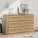 Garvee Rattan Dresser, 6 Drawer, Modern Wide Chest, Anti-Tip Kit, Smooth Slide Rail, MDF Wood, Bedroom, Hallway, Living Room - Original Oak