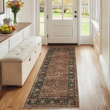 Garvee Floral Kitchen Rugs 2x6 Washable Non Slip Distressed Print Entryway Mat Ultra Thin Low Pile Runner Rug Brick Brown - Floral/Brown