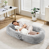 Garvee Human Dog Bed Orthopedic Memory Foam with Fluffy Faux Fur Pillow Side Pocket Strap 67x43x8 Grey - Pillow-Gray