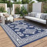 Garvee Waterproof Outdoor Rug 8x10 Navy Reversible Plastic Straw Patio Rug Stain-Resistant Vintage Medallion Carpet Foldable for Picnic Backyard RV Beach Deck Camper Balcony - Vintage-Navy & White