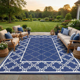 Garvee Large Waterproof Outdoor Rug 10x14 Dark Blue, Weather Resistant Trellis Plastic Straw Rug for Garden Patio Camping - Blue