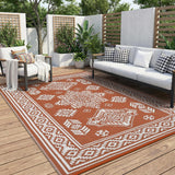 Garvee Outdoor Rug 9x12 Waterproof Reversible Plastic Straw Patio Rug Large Vintage Foldable Tear-Resistant UV-Resistant for Picnic Backyard Beach - Vintage-Terracotta & White