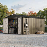 Garvee Steel Storage Shed Durable Steel Double Doors Side Window Ventilation 10x12FT Metal Tool Shed Backyard Storage - Brown
