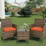 Garvee 3 Pieces Rattan Conversation Set, Wicker Outdoor Patio Furniture Set with Tempered Glass Table, Brown and Orange for Backyard Lawn Porch Poolside Balcony - Brown And Orange
