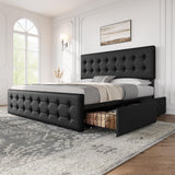 Garvee King Size Bed Frame with 4 Storage Drawers and Faux Leather Upholstered Headboard, Adjustable Height, Black - Black