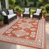 Garvee Waterproof Outdoor Rug 8x10 Reversible Plastic Straw Patio Rug Stain-Resistant Vintage Medallion Carpet Terracotta - Vintage-Terracotta & White