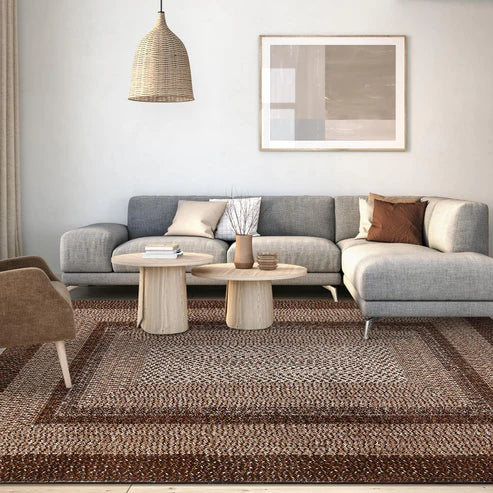 Garvee Bordered Brown 5x7 Braided Washable Rug, Low Pile Non-Slip Polyester Vintage Farmhouse Carpet for Living Room Bedroom