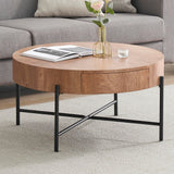 Garvee Round Coffee Table with Drawers Wood Accent Vintage Living Room 31.9" Natural Wood