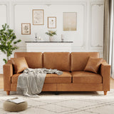 Garvee 3-Seater Sofa Couch with 2 Throw Pillows, 85 Inches Faux Leather Couch for Living Room, Office, Brown, Wide Armrests, Deep Seats, Wood Legs - Brown
