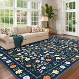 Garvee 9x12 Vintage Floral Area Rug Blue, Washable Large Boho Living Room Carpet, Non Shedding, Low Pile, Stain Resistant for Dining Room Office Home Decor