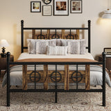 Garvee Queen Size Metal Bed Frame with Headboard and Footboard, Vintage Circular Design, Storage Space, Brown, Queen