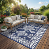 Garvee Outdoor Rug 9x12 Waterproof Reversible Plastic Straw Patio Rug Large Vintage Navy for Picnic and Backyard - Vintage-Navy & White