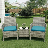 Garvee 3 Pieces Rattan Conversation Set, Wicker Outdoor Patio Furniture Set with Tempered Glass Table, Grey and Peacock Blue, Backyard Lawn Porch Poolside Balcony - Grey And Peacock Blue