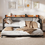 Garvee Twin Daybed with Trundle Bed, Storage Headboard with Charging Station, Black and Brown, Living Room, Bedroom, Guest Room - Black And Brown