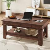 Garvee Walnut Coffee Table with Drawer and Shelf - Large Storage, Durable Solid Wood, Rustic Design, 120x60x48cm, Walnut Color - Brown