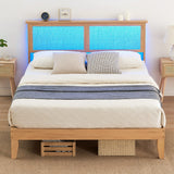 Garvee Queen Bed Frame with LED Lights, Curved Rattan Headboard, Wooden Support Legs, No Box Spring Needed, Easy Assembly - White Oak