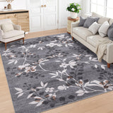 Garvee Washable 8x10 Floral Leaf Print Area Rug Soft Non Slip Ultra Thin Grey for Living Room Bedroom Dining Office Apartment - Grey