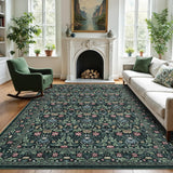 Garvee Washable 5x7 Area Rug Non-Slip Low Pile Stain Resistant Soft Carpet Vintage Floral Oriental Home Decor Green - Green