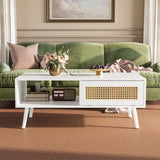 Garvee Wood Coffee Table with Storage Sliding Door Boho Sofa Table for Living Room Bedroom Natural Rattan - White
