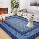 Garvee Washable 9x12 Area Rugs Braided Print Rug Non-Slip Soft Low Pile Navy for Bedroom Dining Room Home Office Nursery - Navy