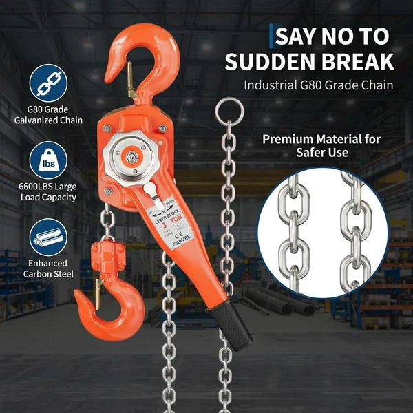 Garvee Manual Lever Chain Hoist 3 Ton G80 Galvanized Steel Chain Weston Double Pawl Brake 360° Swivel Hook Compact Design for Garage Factory Dock