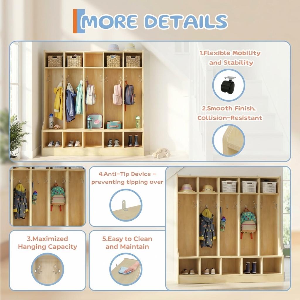Garvee Kids Coat Locker with Bench, 10 Cubbies, Smooth Wood Surface, Daycare & Classroom, Natural Wood Finish