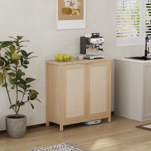 Garvee Rattan Sideboard Buffet Cabinet – Adjustable Shelves – Farmhouse Wood Storage Console with Metal Handle – Entryway, Hallway, Living or Dining Room – Natural Finish