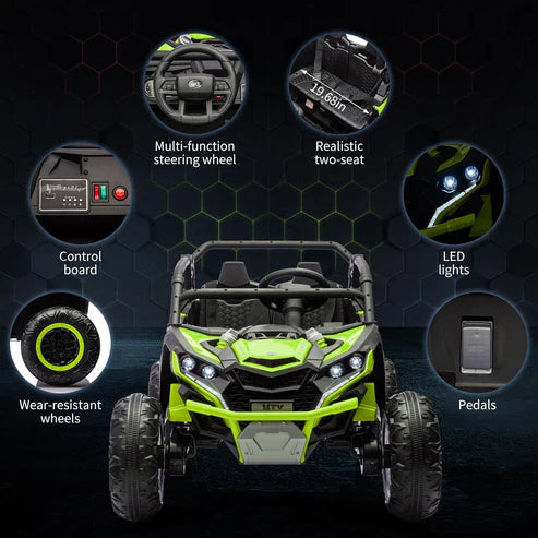 Garvee Ride - P Series: 24V Ride On Utv For Kids,2 Seater 4WD Electric Truck With Remote Control, High And Low Speed Adjustment, Led Lights,4-wheel shock absorption,One Click Start, Music Player (Green)