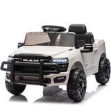 Garvee 12V Ride On Truck Car RAM Licensed Pickup, Remote Control, Spring Suspension, Battery Powered, LED Lights, All-Terrain Tires, White, Outdoor Play - White