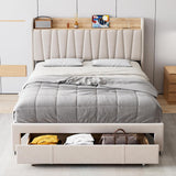 Garvee Twin Size Bed Frame with Headboard, Wooden Full Bed Frame with Storage Headboard and Charging Station, Metal Platform BedFrame with Large Drawers, No Box Spring Needed, Easy Assembly, Beige - Beige