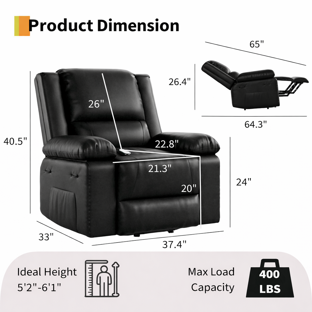 Garvee Electric Power Lift Recliner Chair for Elderly – PU Leather, Heated Massage, Adjustable Backrest & Footrest, Heavy Duty Mobility Support, 400 lbs Capacity – Black