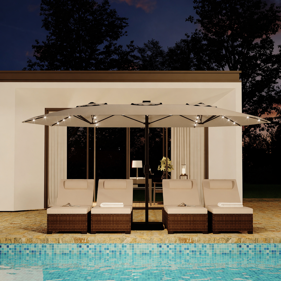 Garvee 15FT Large Patio Umbrella with Base and Solar Lights, Double-Sided Rectangle Oversized Shade for 8-10 People, Tan, 15FT with Base and Lights