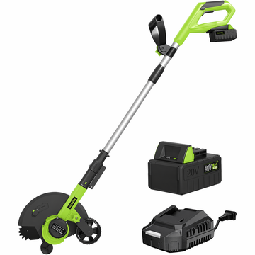 Garvee Coupe-bordure sans fil 20 V avec lame en acier de 23 cm, batterie 4,0 Ah, doubles roues pour pelouse, jardin, terrasse, allée et trottoir, profondeur réglable, vert
