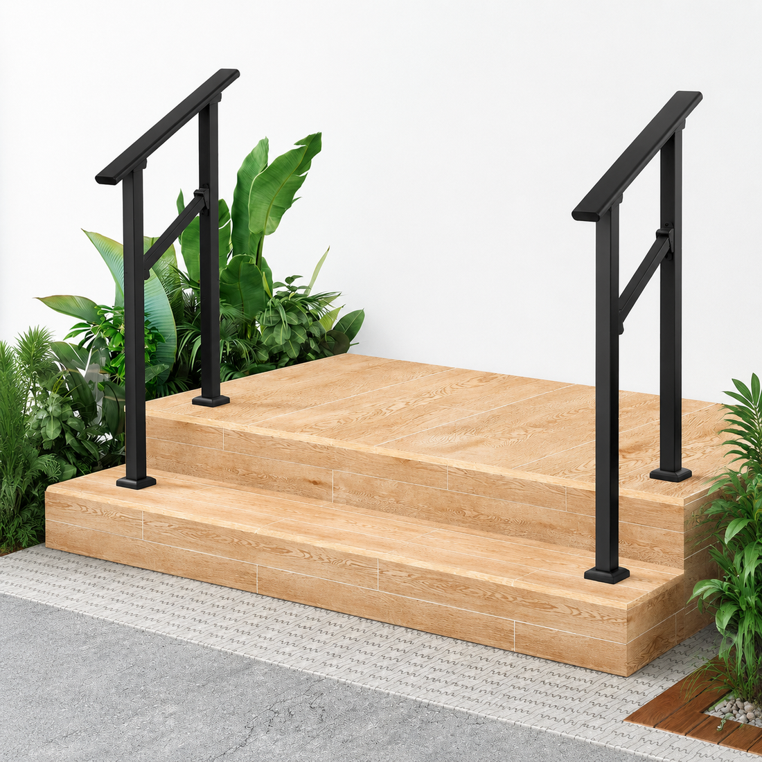 Garvee Outdoor Stair Handrail Set for 2 Steps, Aluminum & Iron Posts, Weatherproof Black Finish, Easy Mounting for Entrance Balcony Garden