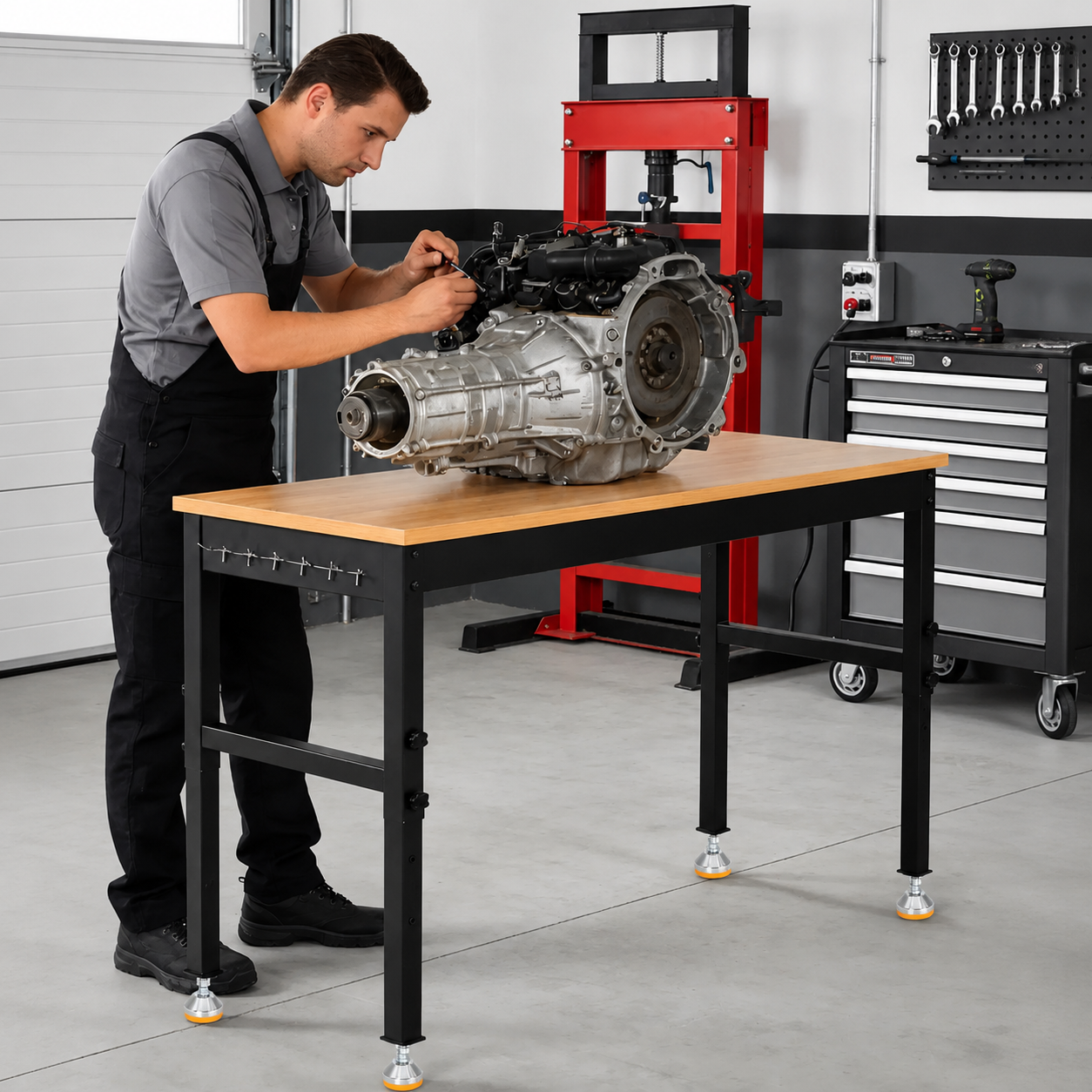 Garvee 60 In Adjustable Height Workbench with Heavy Duty Rubberwood Tabletop, Built-In Power Outlets for Garage, Workshop, Repair Shop, Home, Office, Black
