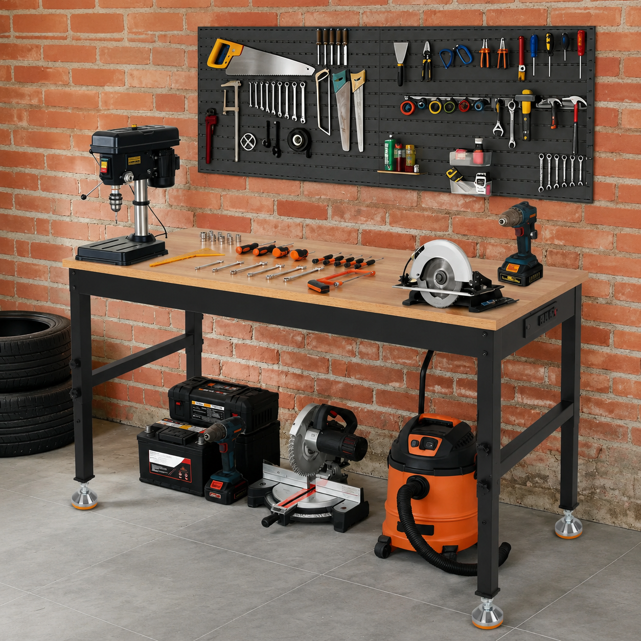 Garvee 60 In Adjustable Height Workbench with Heavy Duty Rubberwood Tabletop, Built-In Power Outlets for Garage, Workshop, Repair Shop, Home, Office, Black