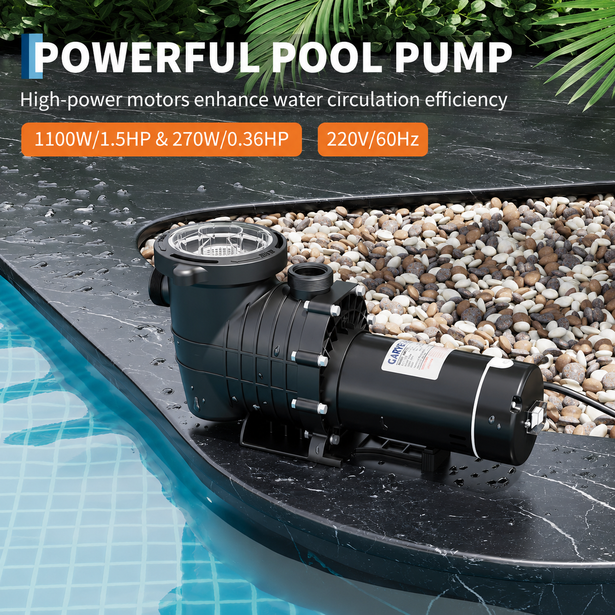 Garvee 1.5HP Pool Pump 1100W, 220V Swimming Pool Pump for Above Ground & Inground Pools, High Flow Copper Motor, Durable Thermoplastic Body with Strainer Basket
