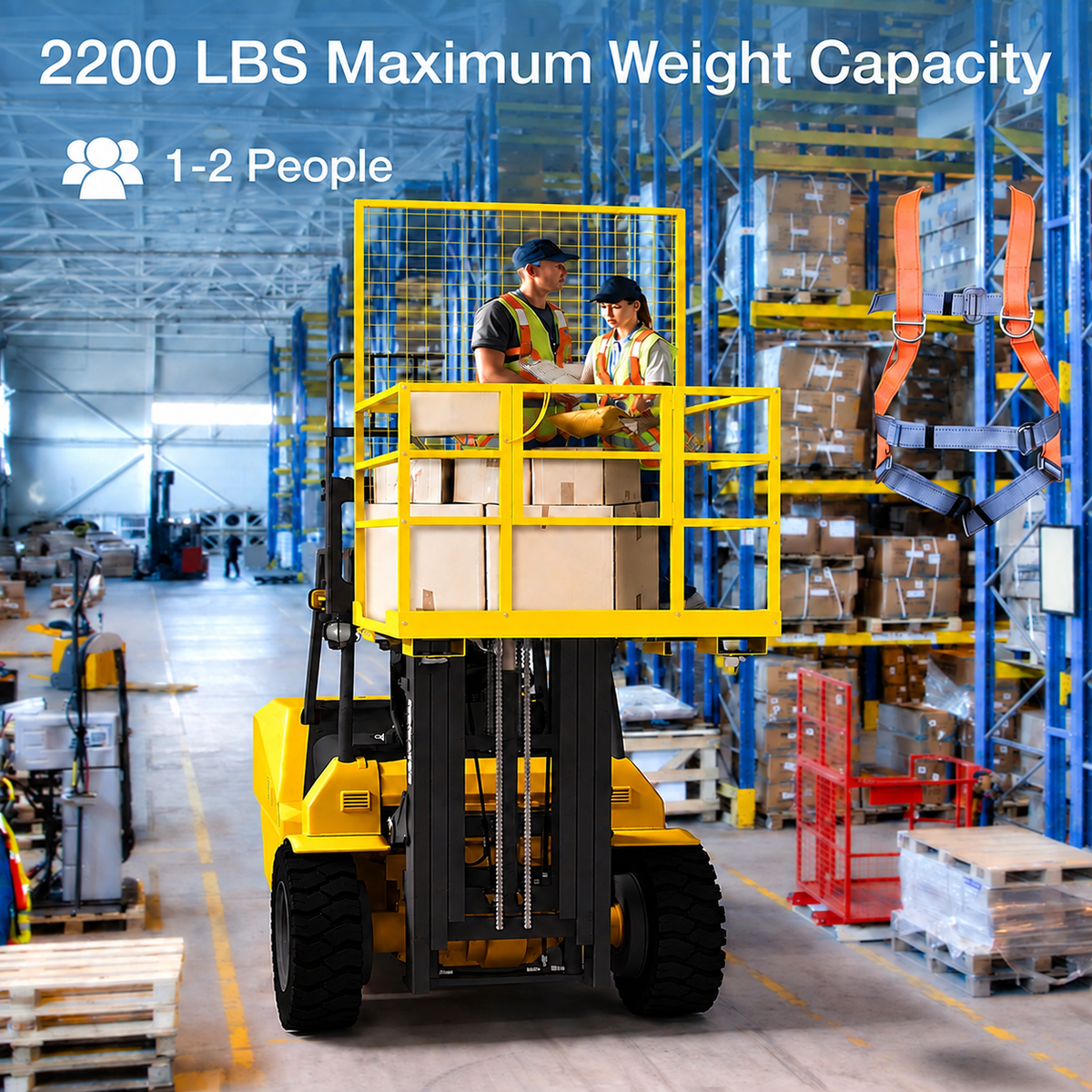 Garvee 43"x45" 2-Man Forklift Safety Cage Work Platform (Man Basket) Heavy-Duty Steel, Collapsible w/ Wheels, Safety Harness & Lock, 2200 lb Capacity - Square Tube, Yellow