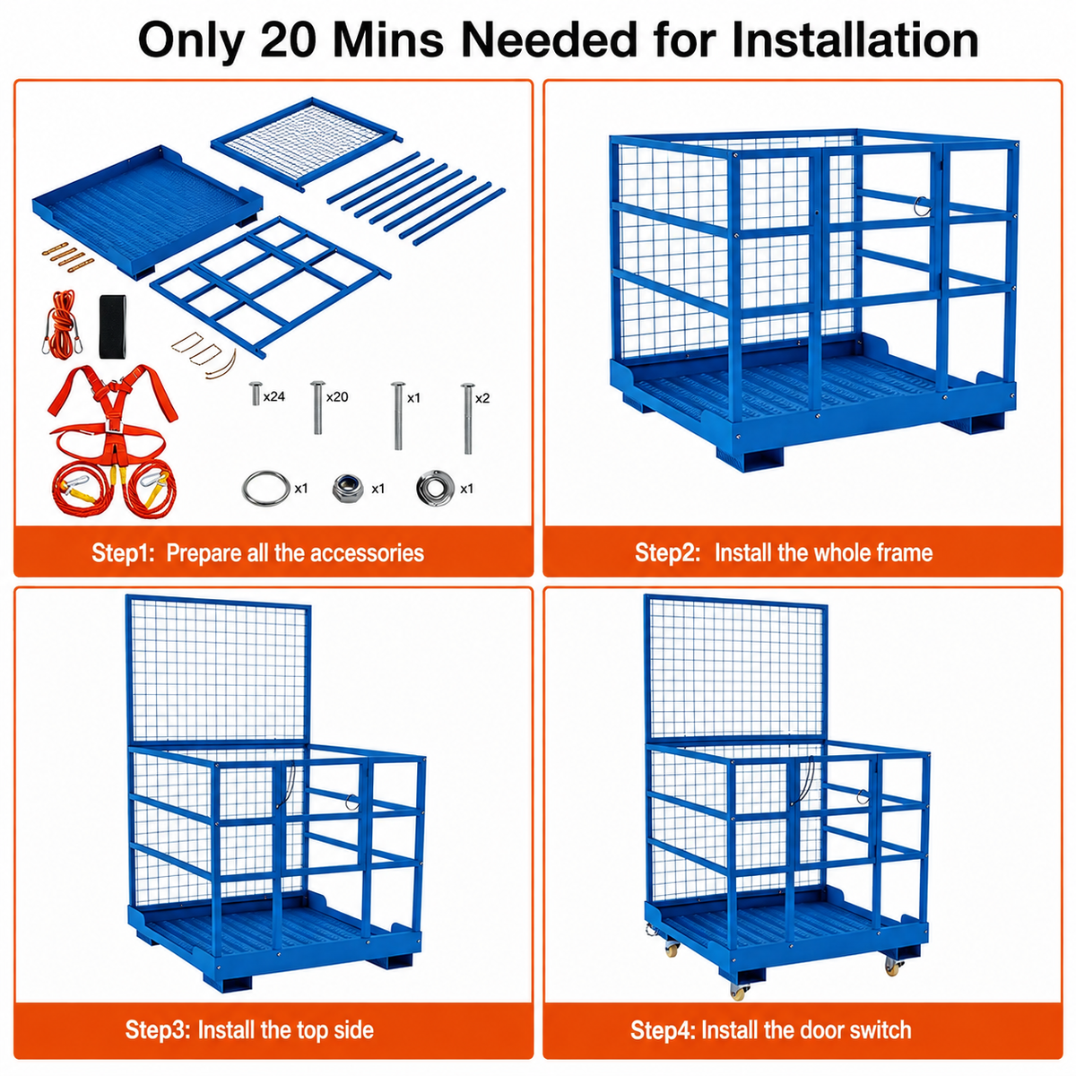 Garvee  43"x45" 2-Man Forklift Safety Cage Work Platform (Man Basket) - Heavy-Duty Steel, Anti-Slip, Collapsible w/ Wheels, 2200 lb Capacity - Square Tube, Blue