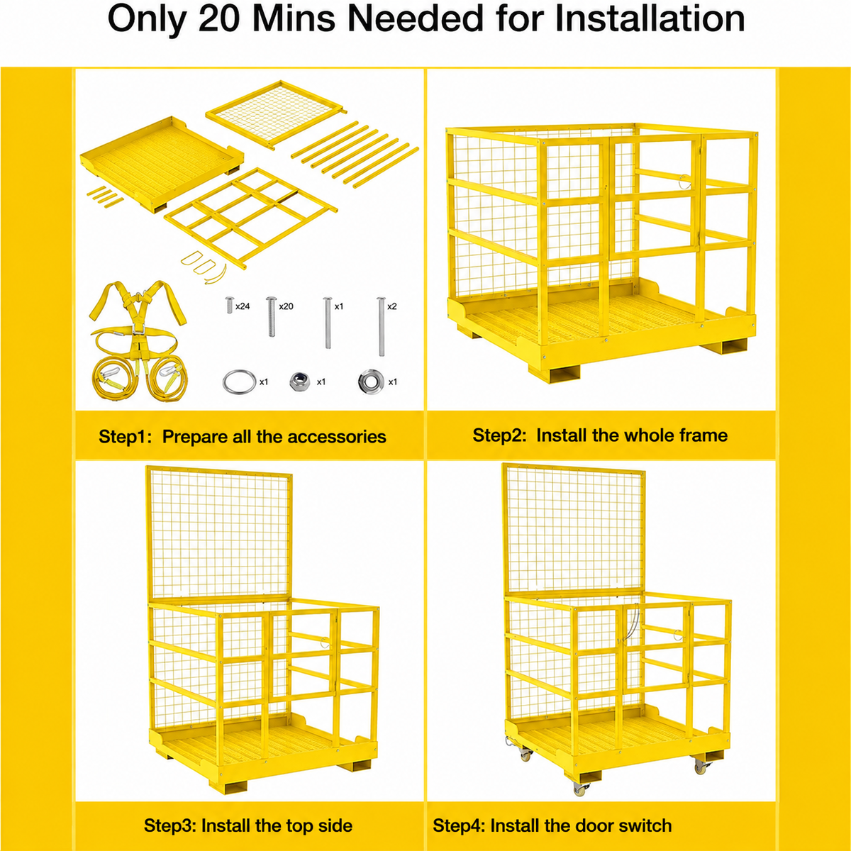 Garvee 43"x45" 2-Man Forklift Safety Cage Work Platform (Man Basket) Heavy-Duty Steel, Collapsible w/ Wheels, Safety Harness & Lock, 2200 lb Capacity - Square Tube, Yellow