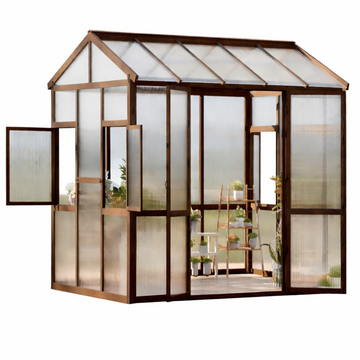 Garvee 6x8 ft Wooden Greenhouse for Outdoor - Heavy Duty Walk-in Green House Kit with 6 mm Polycarbonate, Ventilated Window & Lockable Door for Backyard, Patio, Lawn, Brown