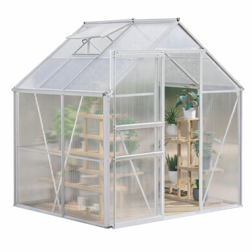 Garvee 6x6 FT Polycarbonate Greenhouse Kit – Heavy Duty Aluminum Frame, Lockable Sliding Door, Adjustable Roof Vent, Rain Gutter – Walk-In for Backyard, Patio, Home Gardening – Silver