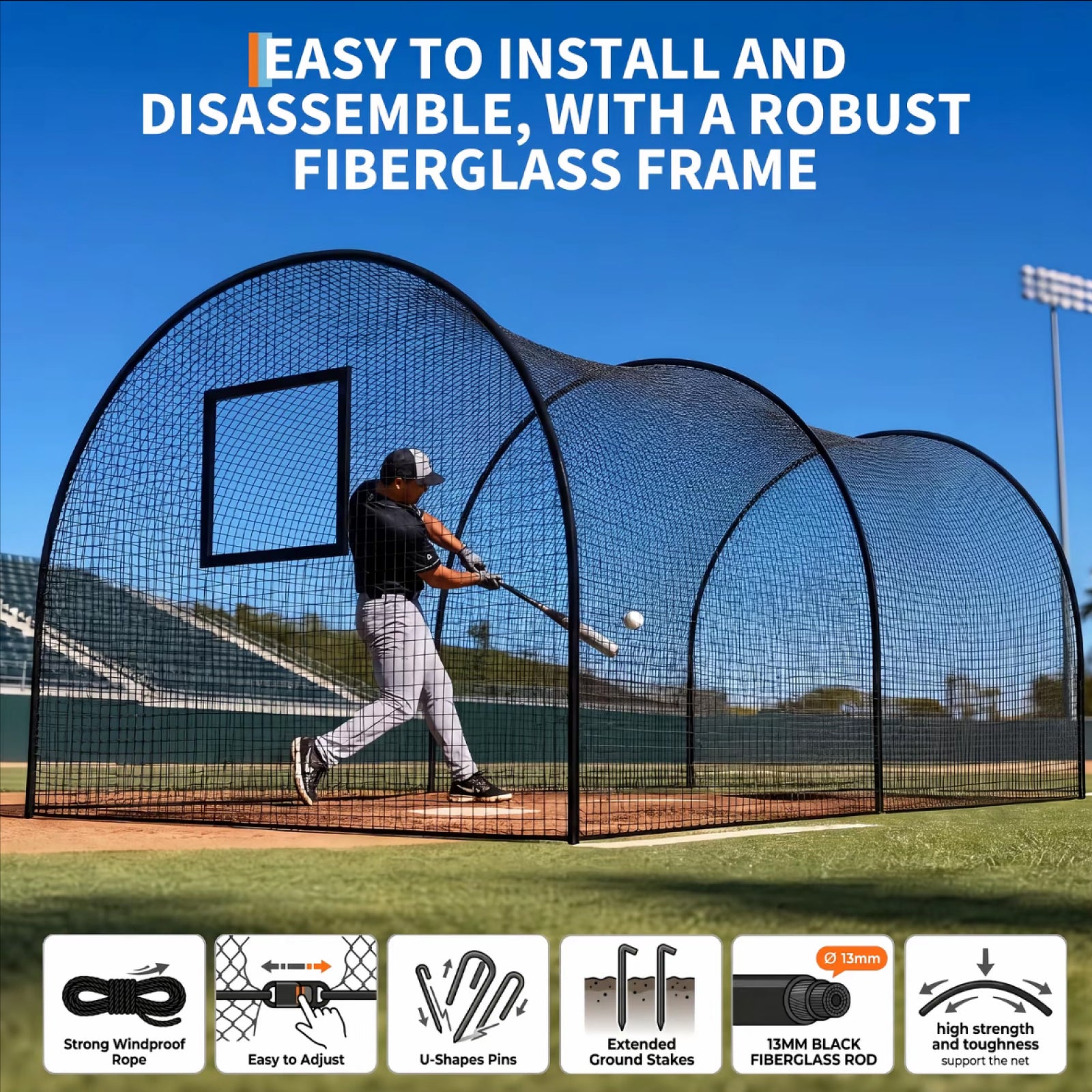 Garvee 32Ft Baseball Batting Cage With Frame & Net For Backyard Or Field Practice, Durable Polyester Net, 32x12x8 Ft, Black