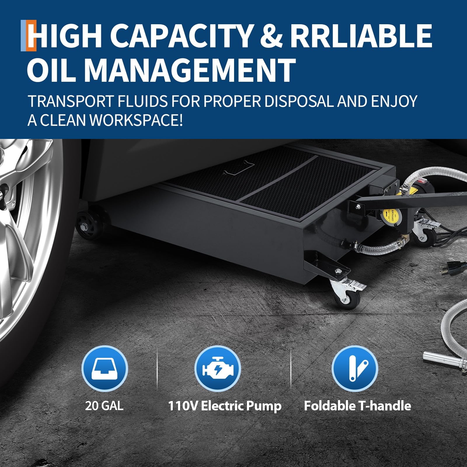 Garvee Low Profile Oil Drain Pan 20-Gallon with 180W Electric Pump, Folding Handle, Carbon Steel, 8FT Hose, Wheels - Cars, SUVs, Trucks