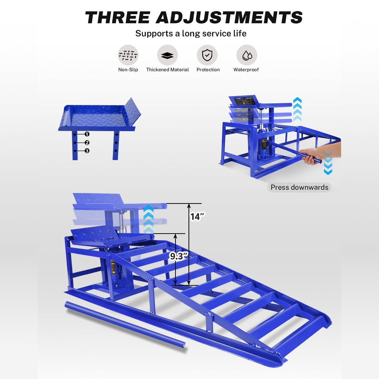 Garvee Heavy-Duty Hydraulic Car Ramps 5T Capacity Adjustable 9.3-14 Inch Height Anti-Slip Triangular Plate Ring Chain Bolt for Cars SUVs Light Trucks